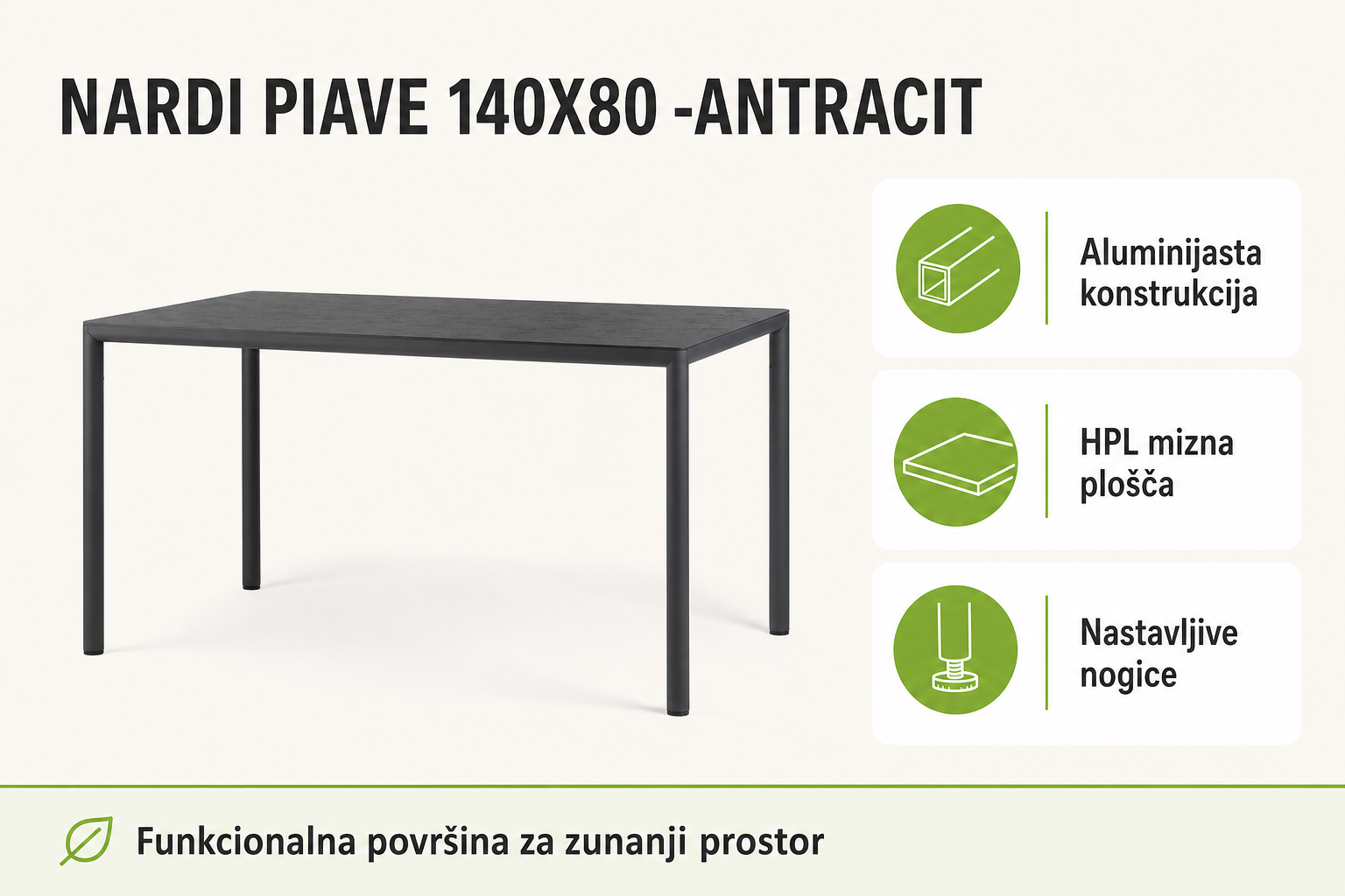 Infografika izdelka Vrtna miza PIAVE 140x80 -Antracit -Nardi: aluminijasta konstrukcija, hpl mizna plošča in nastavljive nogice.