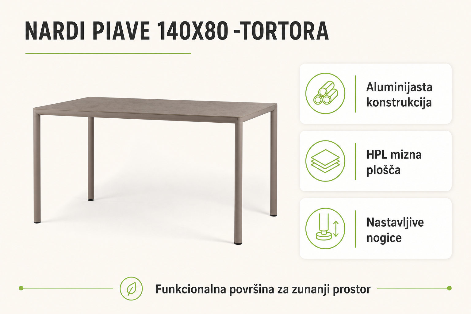 Infografika izdelka Vrtna miza PIAVE 140x80 -Tortora -Nardi: aluminijasta konstrukcija, hpl mizna plošča in nastavljive nogice.