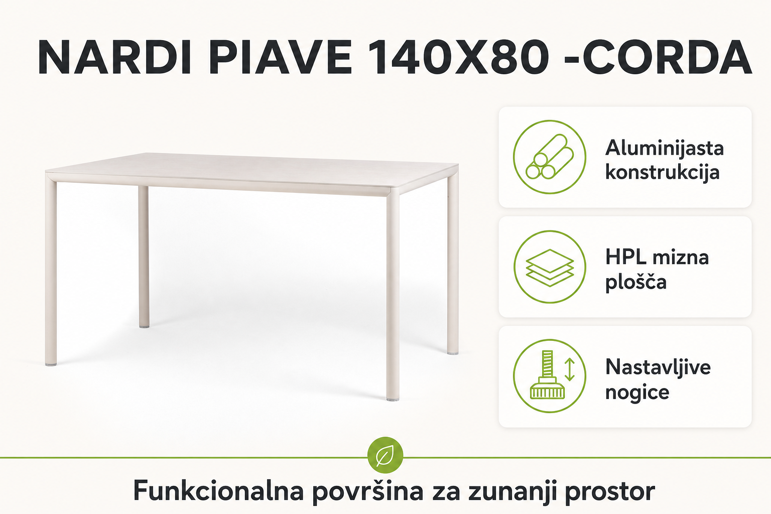 Infografika izdelka Vrtna miza PIAVE 140x80 -Corda -Nardi: aluminijasta konstrukcija, hpl mizna plošča in nastavljive nogice.