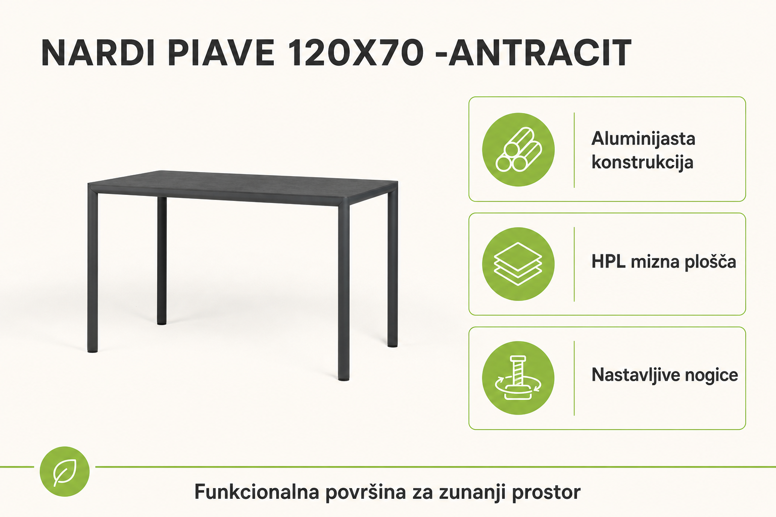 Infografika izdelka Vrtna miza PIAVE 120x70 -Antracit -NARDI: aluminijasta konstrukcija, hpl mizna plošča in nastavljive nogice.