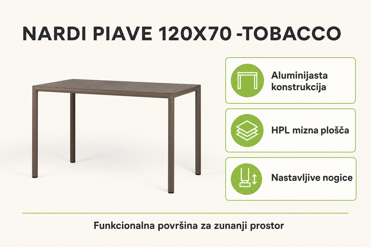 Infografika izdelka Vrtna miza PIAVE 120x70 -Tobacco -NARDI: aluminijasta konstrukcija, hpl mizna plošča in nastavljive nogice.