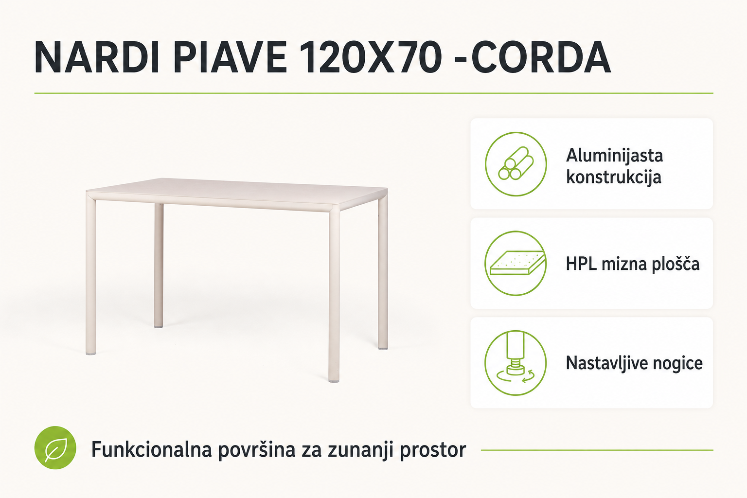 Infografika izdelka Vrtna miza PIAVE 120x70 -Corda -NARDI: aluminijasta konstrukcija, hpl mizna plošča in nastavljive nogice.